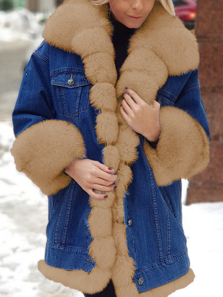 "Langärmlige Jeansjacke mit Kunstfellfutter für Damen, Distressed-Mantel mit U-Ausschnitt in Weiß/Khaki/Schwarz, elegante Oberbekleidung für Arbeit und Reisen"_voghion.com