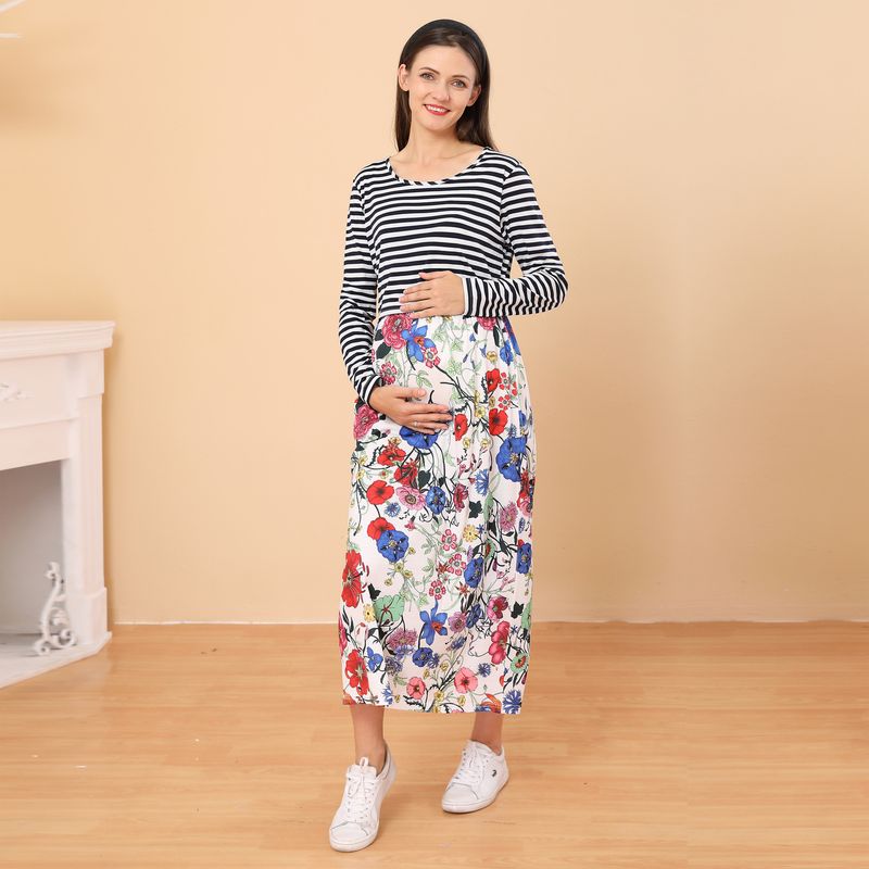 Abito premaman allattamento a maniche lunghe con scollo tondo stampato a righe_voghion.com