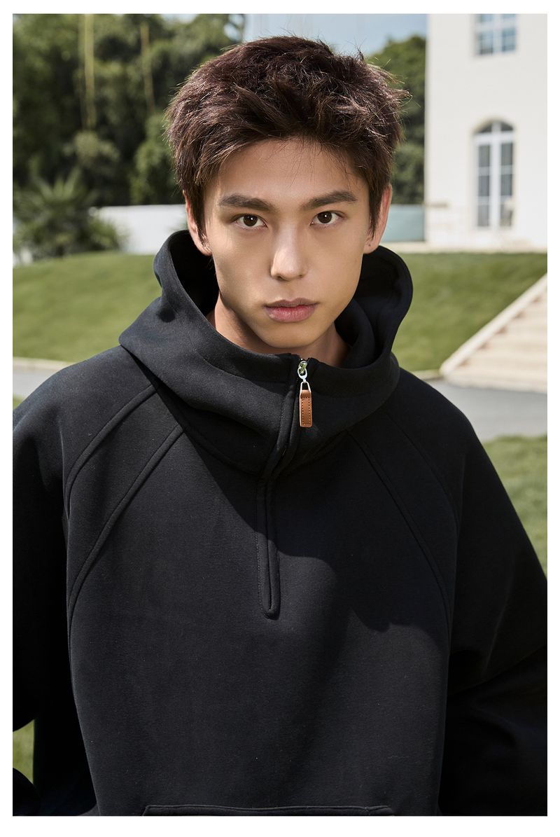 Schwerer 380 g schwerer Kapuzenpullover für Herren mit halbem Reißverschluss und Stehkragen, übergroßer Passform, lässiger Pullover für Herbst und Winter_voghion.com