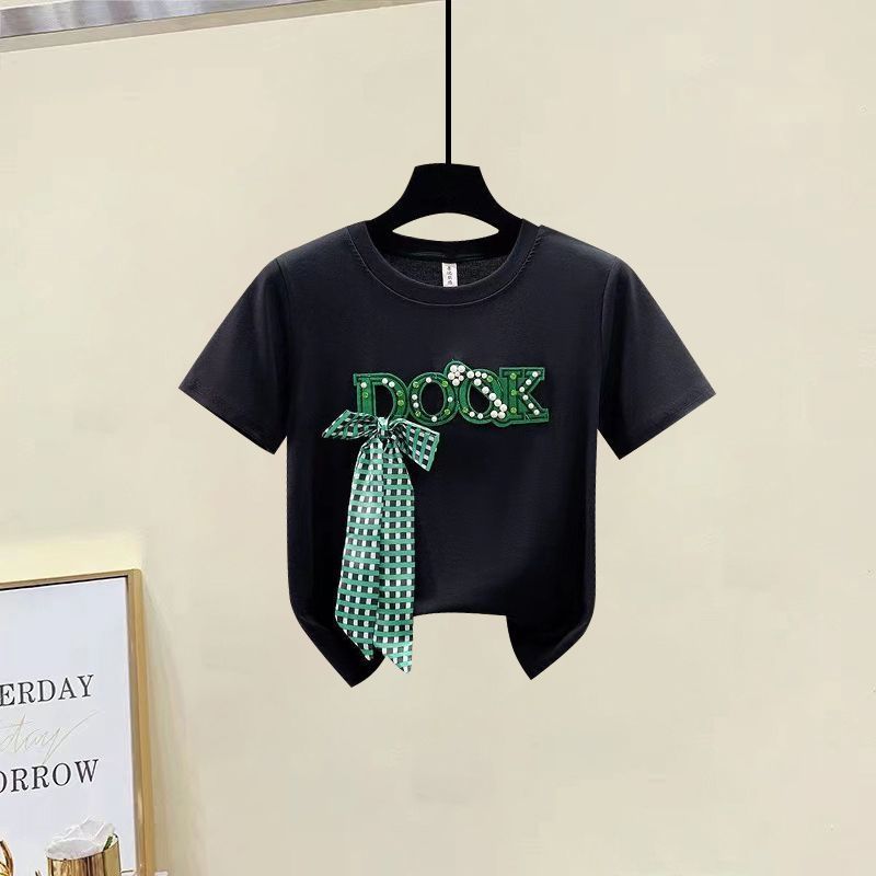 Women's Clothing fashion color matching embroidery short-sleeved T-shirt raw edge hip-wrapped A-line high waist denim skirt_voghion.com
