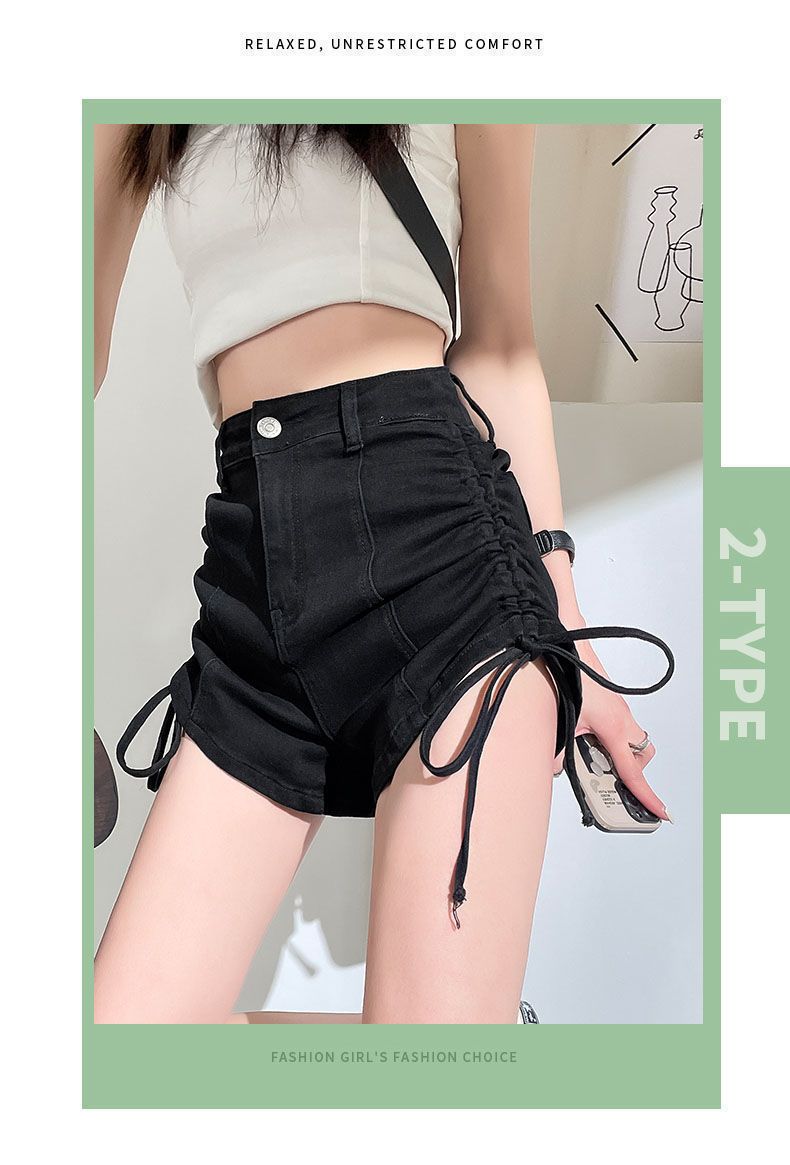 Strap drawstring denim shorts for women in summer, niche design with high waist slimming effect. Spicy girls have a_voghion.com