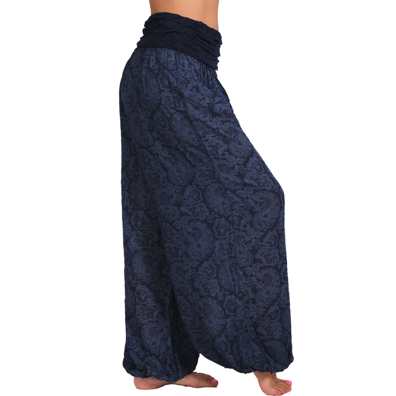 Roupas femininas Impressão digital Calças longas e largas Calças casuais Calças harém_voghion.com
