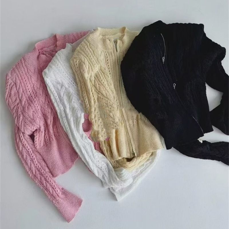 Cardigan a coste con cerniera di ispirazione coreana – Giacca corta in maglia da donna (collo alto, spalline, taglia unica)_voghion.com