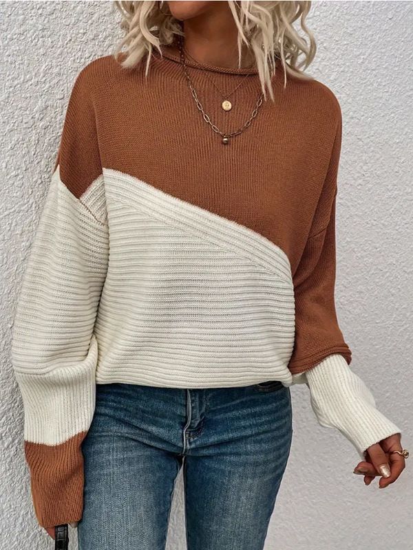 Women's Sweater Casual Loose Knitwear Color Matching Long Sleeve Round Neck Knitted Top_voghion.com