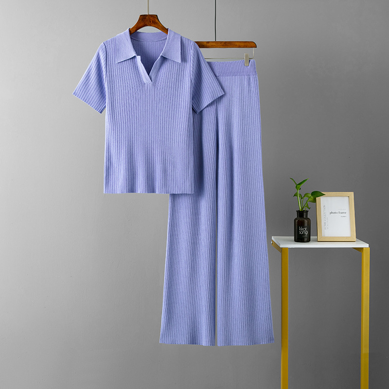 Women's clothing Polo collar pullover short-sleeved top + thin all-match solid color wide-leg trousers knitted fashion suit_voghion.com