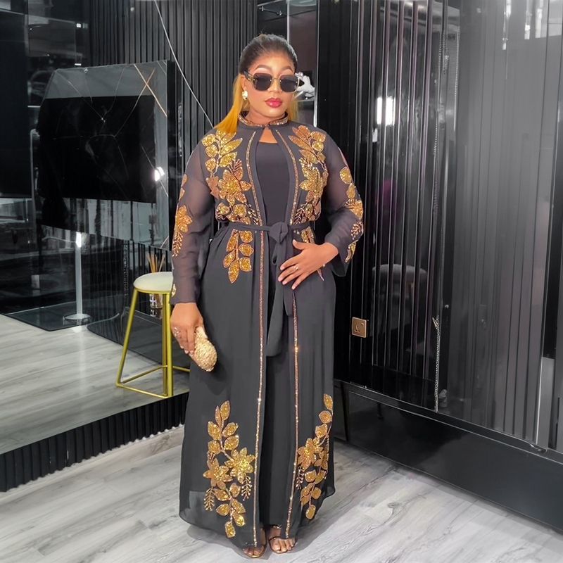 Conjunto de vestido feminino muçulmano plus size de duas peças - conjunto modesto de robe e cardigã_voghion.com