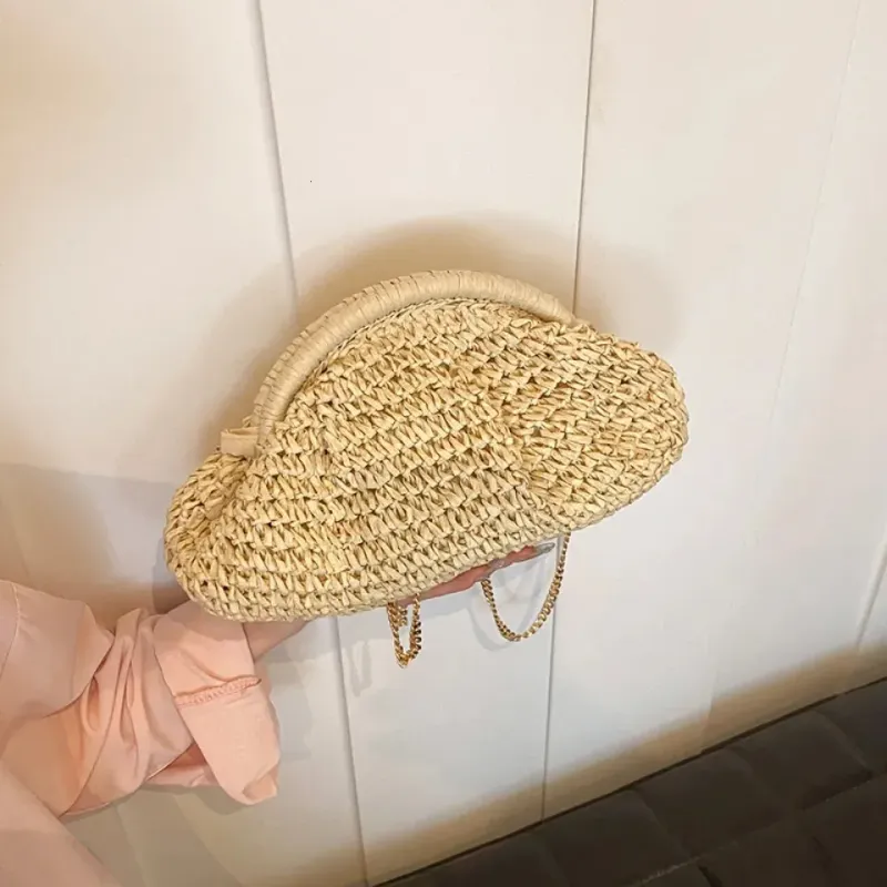 Borsa da donna in paglia intrecciata con tracolla a catena, grande capacità, elegante, a tracolla, tinta unita, per spiaggia estiva, 250614l_voghion.com