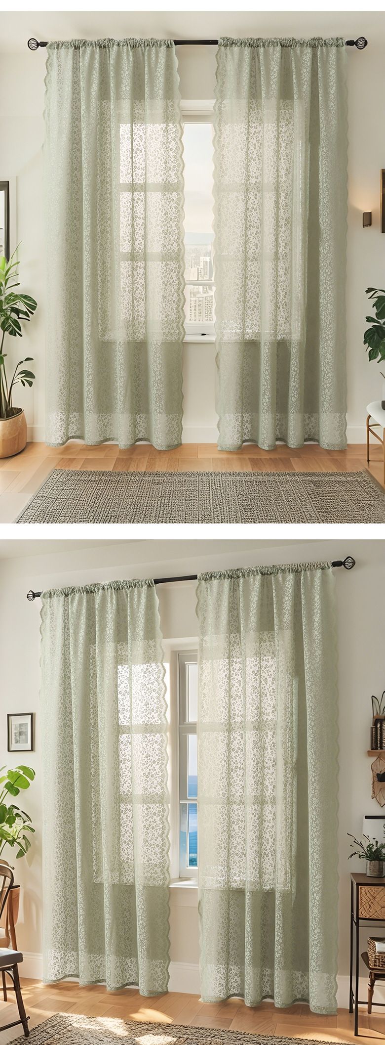 Franska krämfärgade transparenta gardiner - Vita voilegardiner för vardagsrum och sovrum (ljusfiltrerande, inte genomskinliga, färdiga, bohemisk chic-stil)_voghion.com