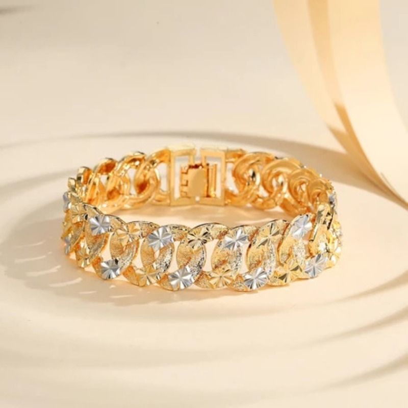 Gold Plated Textured Cuban Link Bracelet, Two-Tone Chunky Chain Bracelet With Geometric Pattern, Statement Hip-Hop & Daily Jewelry_voghion.com