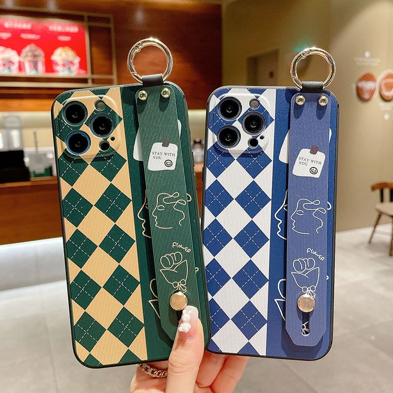 Zachte TPU polsbandhoes voor iPhone 16, 15, 14, 13, 12, 11 Pro, X, Xs, Max, XR, 16E, 7, 8 Plus, rasterpatroon, handheld telefoonhoesje_voghion.com