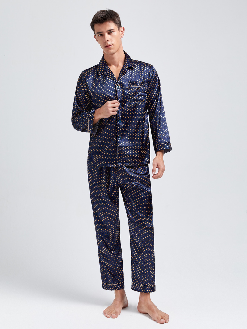 Pijama de seda estampado masculino, manga comprida, roupas para casa de tamanho grande, pijama de verão de seda gelada_voghion.com