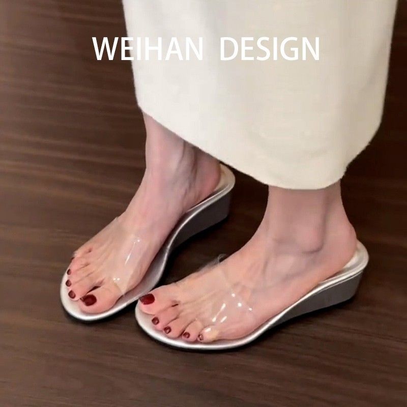 Sandálias transparentes femininas Lancui versão redondas com bico aberto e tira única, estilo francês, para áreas externas_voghion.com