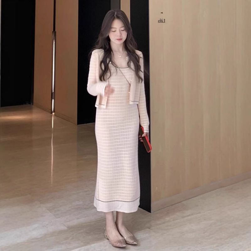 Pink Knitted For Women Spring And Autumn 2025 Lazy Chic Design Cardigan Sweater With Camisole Dress Two-Piece Set_voghion.com