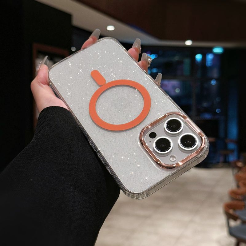 Glitter Magnetic Phone Case For IPhone 15/16 - Premium Electroplated Transparent Cover With Large Camera Cutouts (Gold Sparkle)_voghion.com