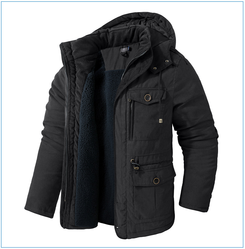 Men's Plus Size Shearling Hooded Cotton Jacket Thickened Multi-Pocket Cotton Top Casual Mid-Length Coat_voghion.com