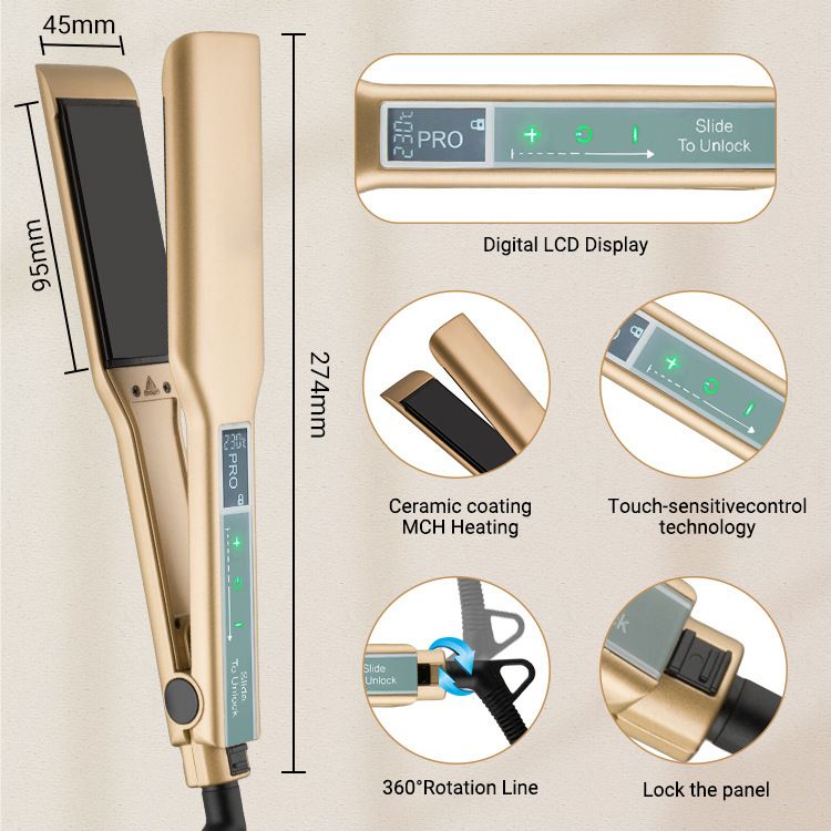 Rucha Ceramic Tourmaline Flat Iron With Wide Plates, 10 Temperature Settings, Dual Voltage (100-240V), Gold EU Plug_voghion.com