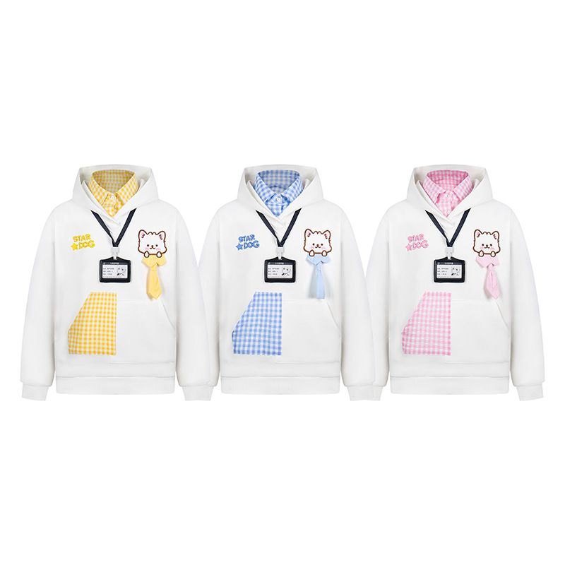 Felpa con cappuccio e colletto polo in due pezzi con ricamo di cuccioli in stile college 2025, manica lunga, tendenza da donna_voghion.com