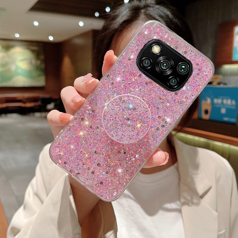 Shiny Glitter Gypsophila telefonholder Veske For Xiaomi POCO X3 NFC M3 Pro Bling Gull Sølv Folie Silikondeksel_voghion.com