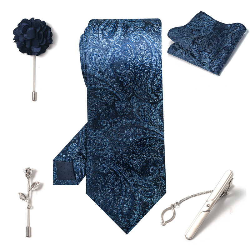Set da uomo alla moda in tinta unita a righe con anacardi, confezione regalo da 6 pezzi, set con corsetto con fermacravatta e sciarpa quadrata_voghion.com