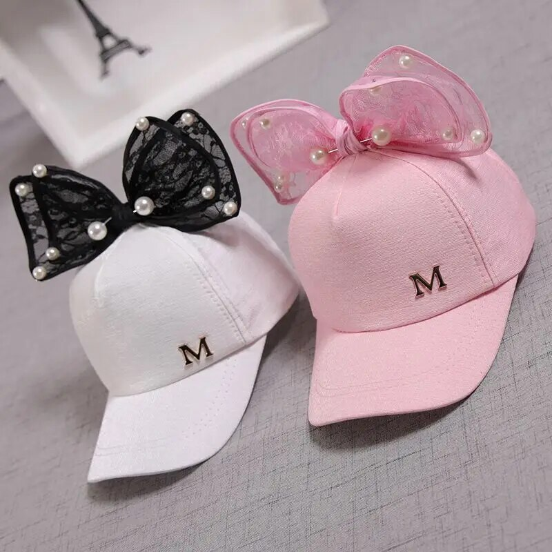 Carino Mesh Primavera Estate Bambini Berretto da baseball Ragazze Snapback Berretti Hip Hop Orecchio di coniglio Perla Grande fiocco Cappello da sole per bambini_voghion.com