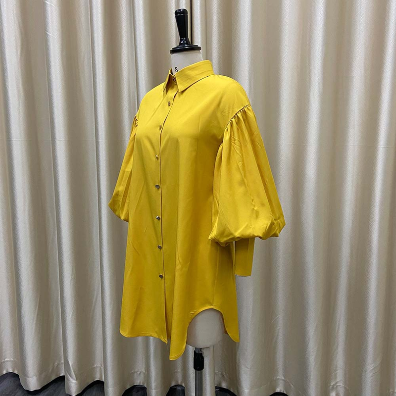 Vestido de camisa feminino grande, manga bufante solta, cor sólida, lapela com fenda, manga comprida_voghion.com