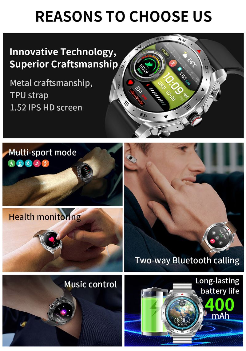 Reloj inteligente T95 con auriculares TWS, pantalla táctil IPS de 1,52", llamadas Bluetooth, asistente de voz con IA, batería de 21 días de duración y dos correas opcionales._voghion.com