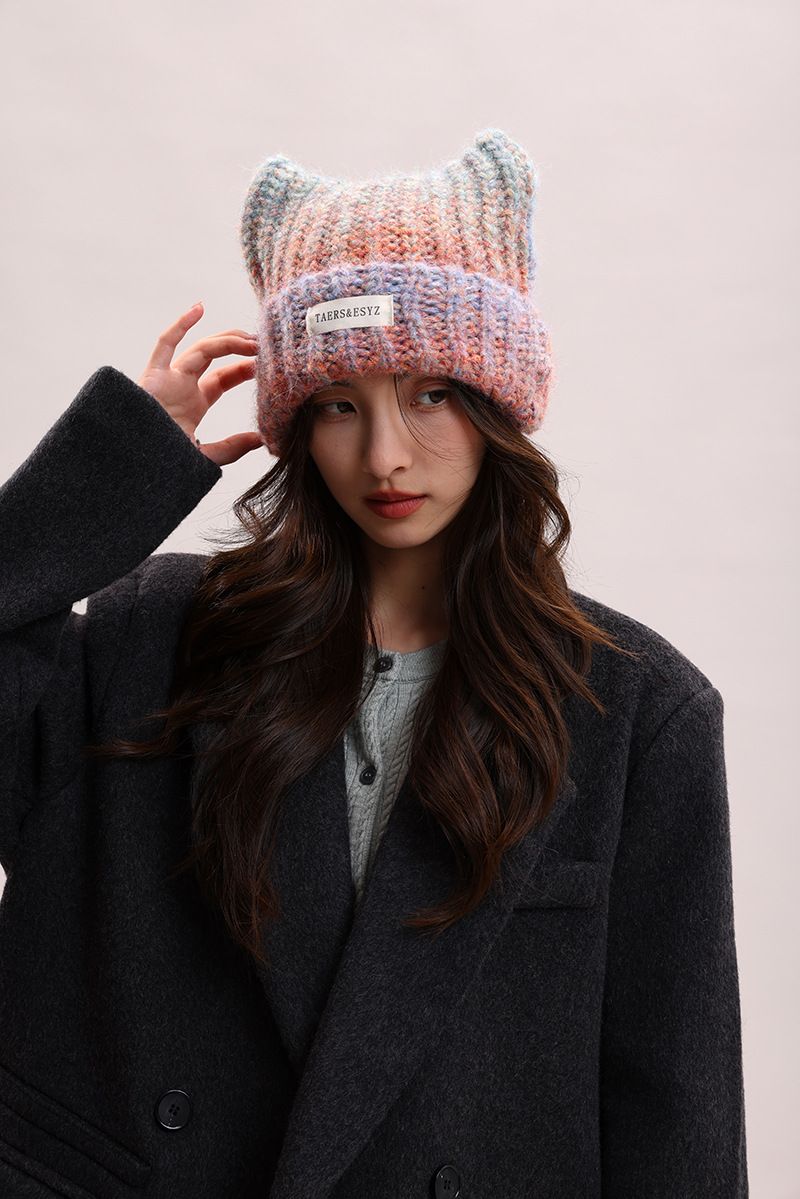 Korean Version Of Abifeng Cute Cat Gradient Knitted Wool Women In Autumn And Winter, Warm Ear Protection, Cold Hat For_voghion.com