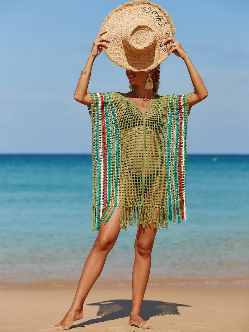 Damen Strandüberwurf, gestrickt, Regenbogenfarben, Urlaubsüberwurf, Strickpullover_voghion.com