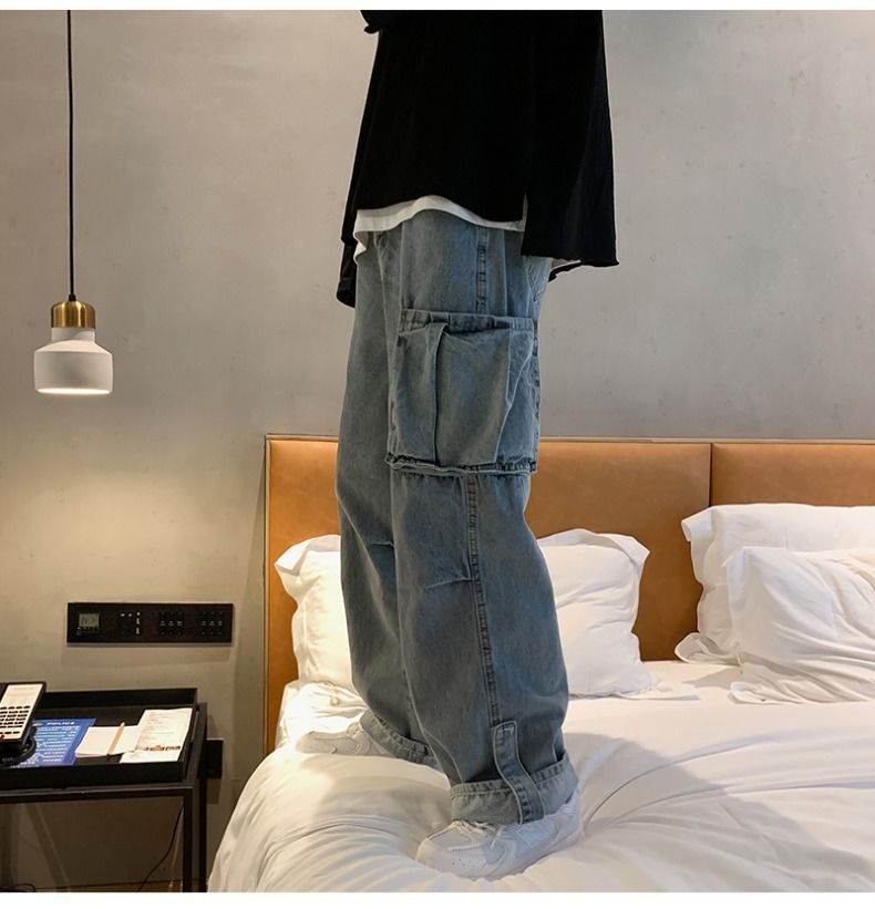 Fallen Wide Jeans Männer, Riicht Been, locker, villfälteg Aarbechtskleedung, Cropped Hosen fir Fréijoer an Hierscht, Papphosen, Trendy_voghion.com