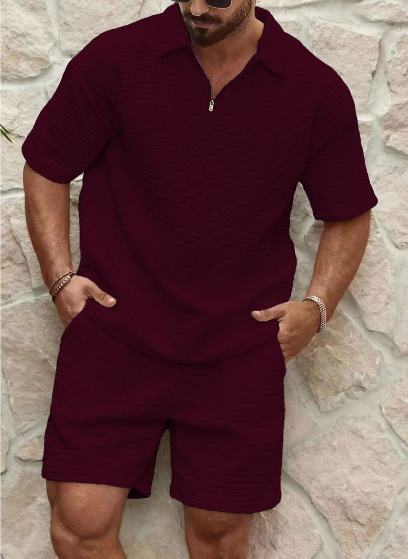 Conjunto de polo y pantalones cortos de punto gofrado de verano para hombre: ropa informal ligera y transpirable para gimnasio, viajes y uso diario._voghion.com