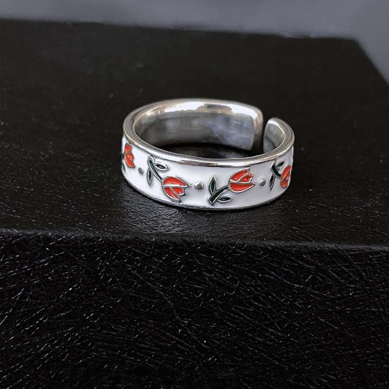 Pronto Stock Nuovo Vintage Smalto Tulip Wer Anelli per Donne Moda Semplice Argento Colore Regolabile Apertura Anello per Dita Festa di Nozze_voghion.com