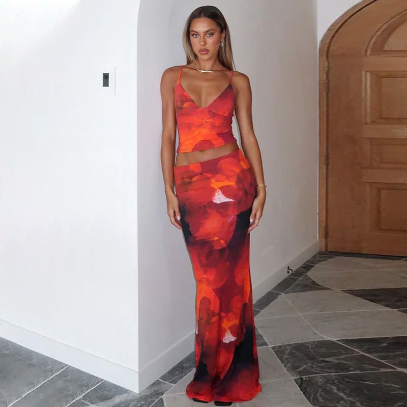 Abbigliamento da donna, canotta sexy estiva, alla moda, con stampa a fiori grandi, due pezzi_voghion.com