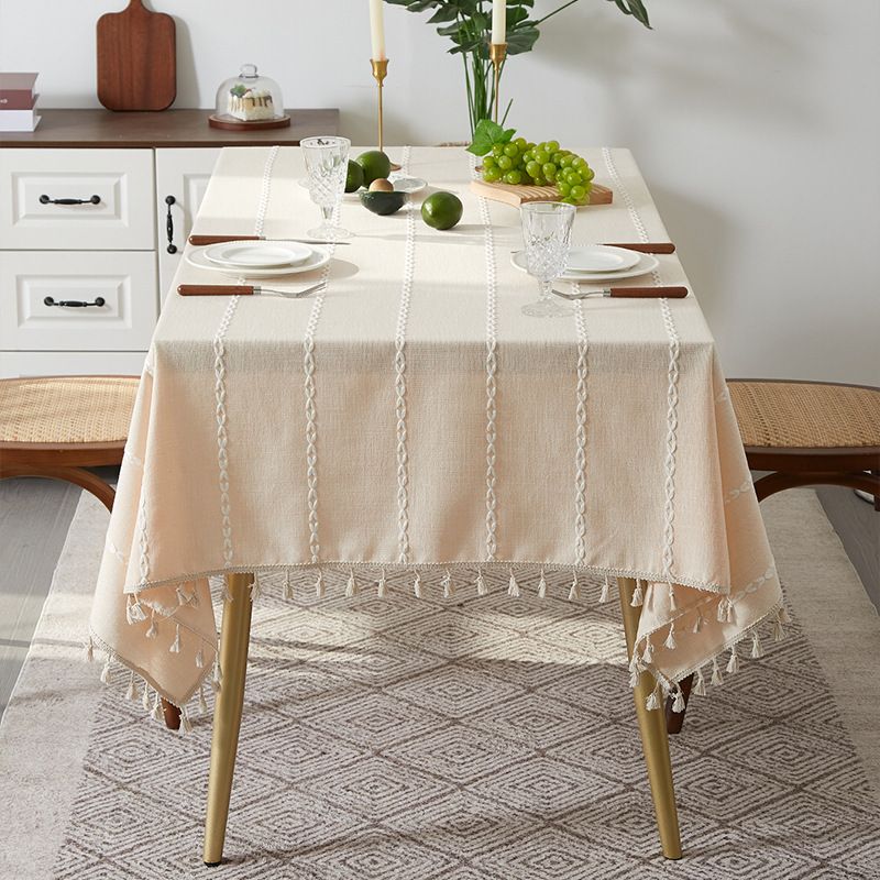 Nappe à franges marron - Style rustique de ferme avec mélange lin-coton (housse de table rectangulaire 60" x 90" lavable, résistante aux taches de café/thé)_voghion.com