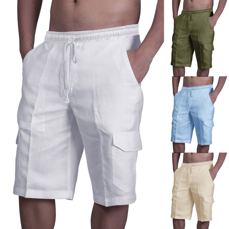 2022 nuovi pantaloncini di lino multitasche con lacci pantaloni da lavoro da spiaggia da uomo_voghion.com