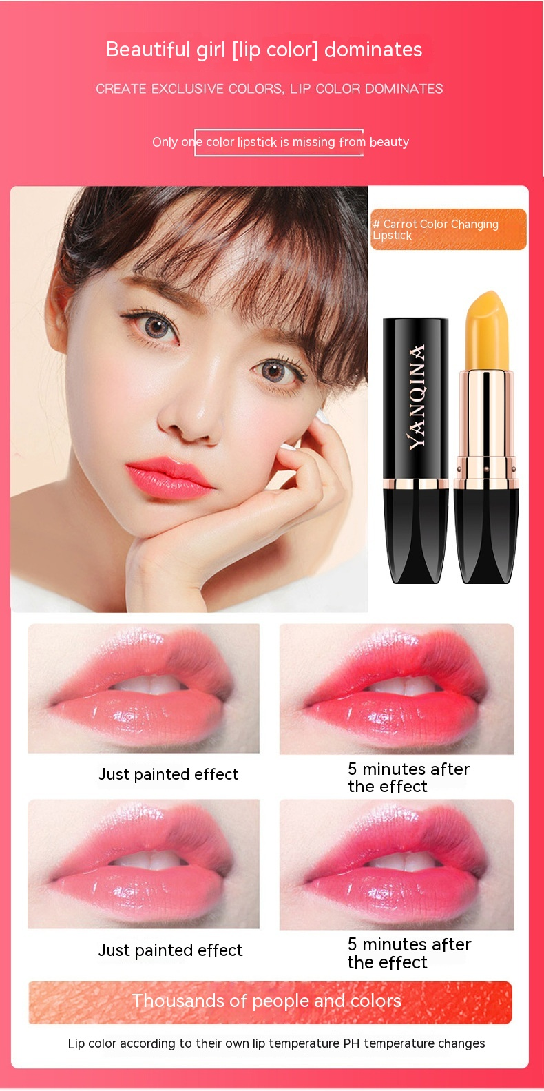 YANQINA Carotene Rossetto colorato Idratante e idratante Rossetto rosso ciliegia caldo Trucco_voghion.com