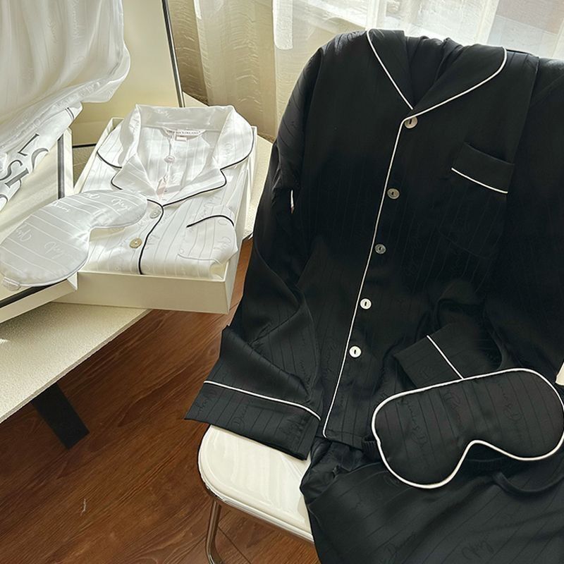 Spring and Autumn New Couple Pajamas Women's Ice Long sleeved Cardigan Silk Two Piece Set Live Broadcast Internet_voghion.com