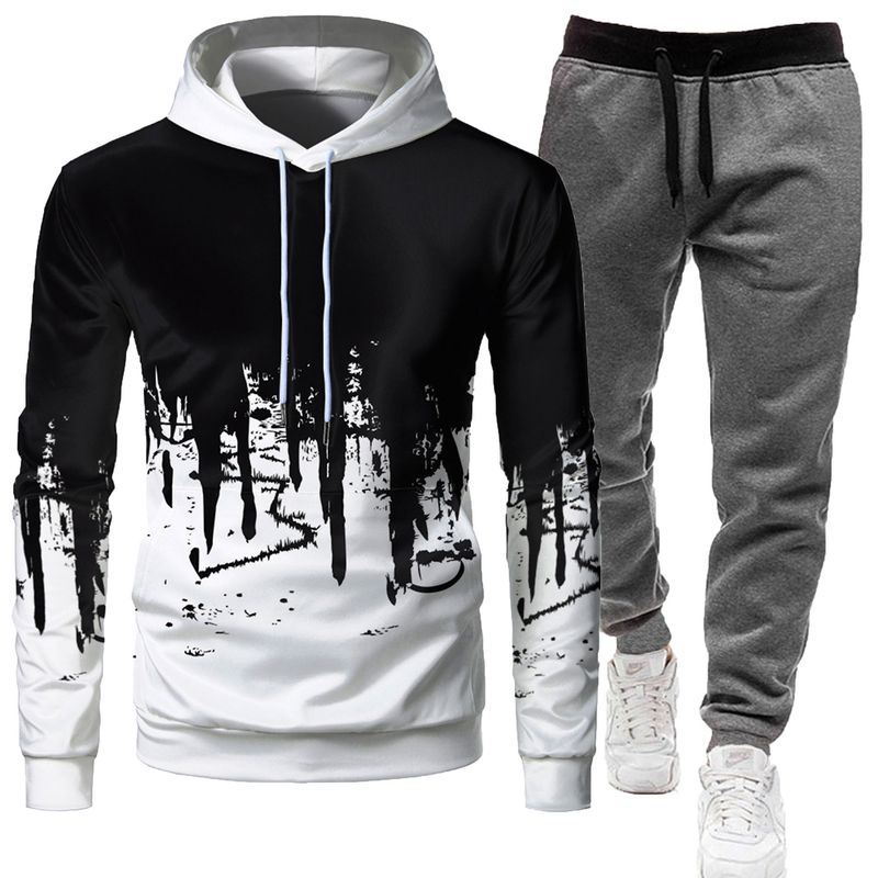 Asian Trade Herren-Set, lässig, modisch, einfarbig, langärmelig, sportlich, mit Kapuze, 3D-Pullover, Hosen-Set_voghion.com