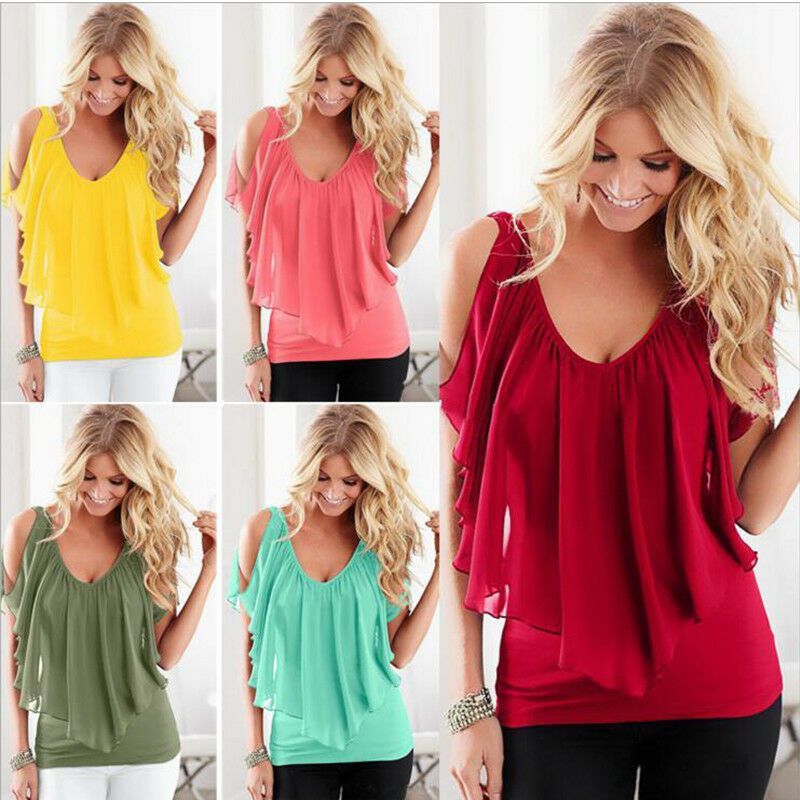 V Womens Elegant Neck Tunic Chiffon Top Tshirt With Short Sleeves Fit Loose And_voghion.com