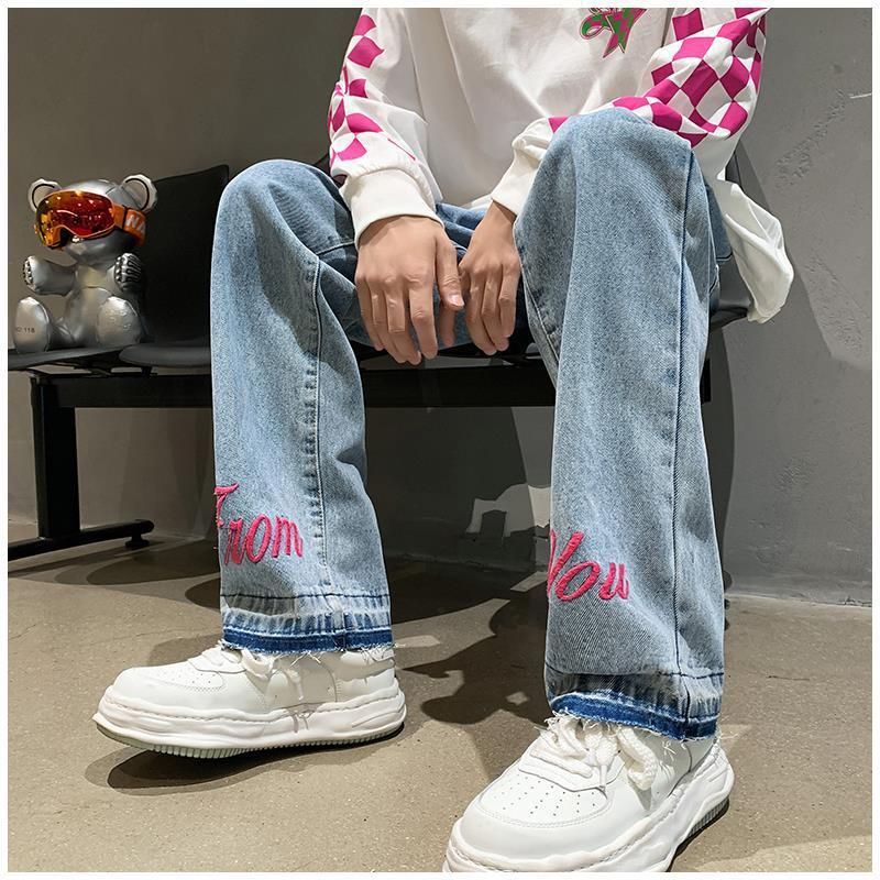 Jeans im amerikanischen Stil für Herren, Herbst-Design, High Street-Modemarke, bestickt, vielseitig, locker, gerades Bein_voghion.com