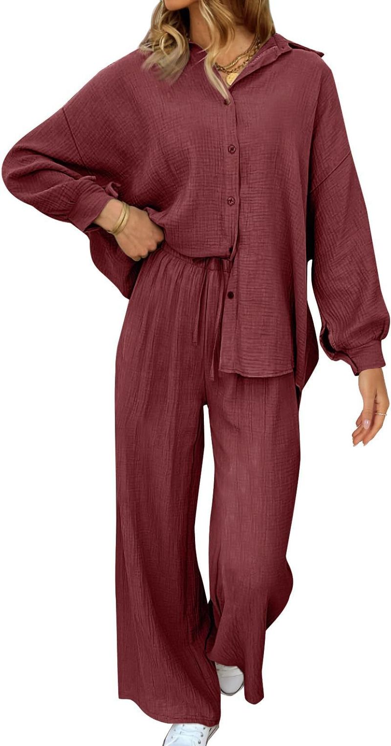 Women's Clothing Fashion Suits Loose Casual Tops Wide Leg Pants Cotton And Linen Two Piece Suits For Women_voghion.com