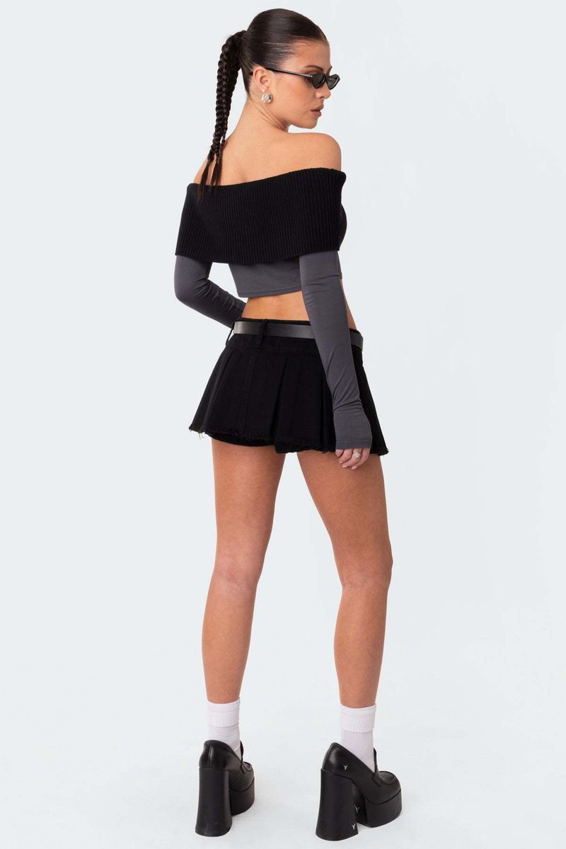 Gonna a pieghe con cerniera laterale in denim da donna_voghion.com