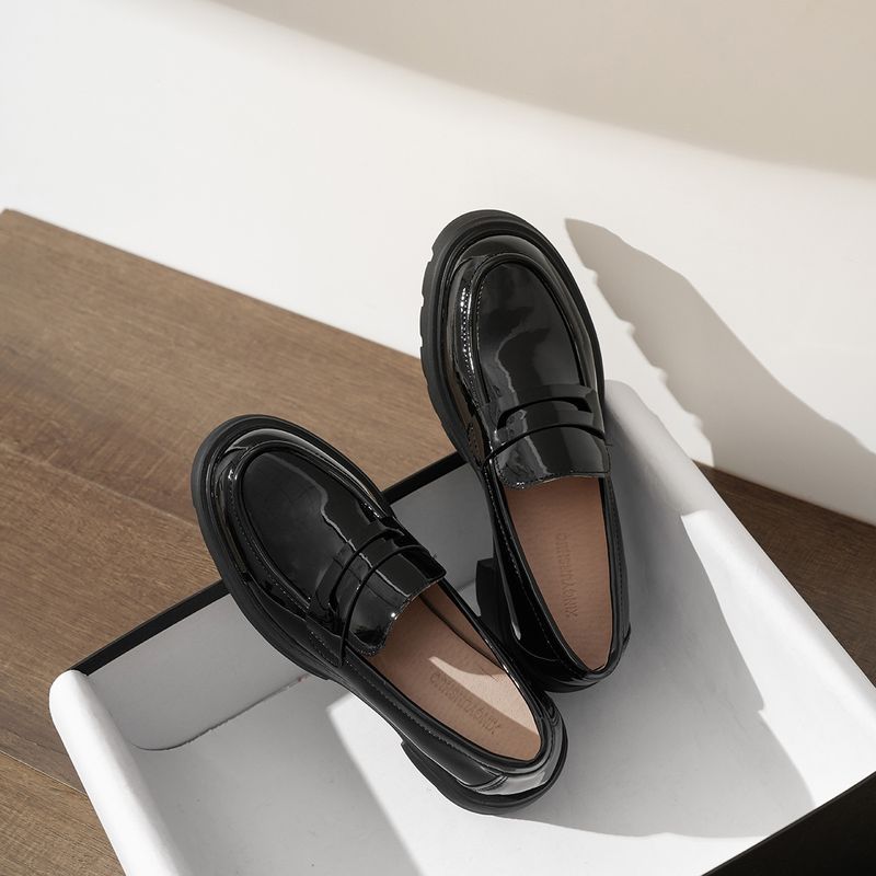 Cowhide Thick-Soled Chunky Heel Loafers For Women, British Style Slip-On Lazy Platform Shoes, Small Leather Shoes To_voghion.com