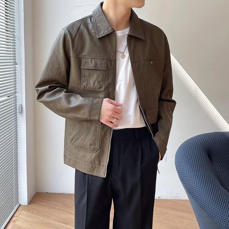 Herrenbekleidung Herbst und Winter Neue Revers Lederjacke Herren Lederjacke Jugendtrend Hübsche Motorradbekleidung Lässige leichte reife Oberteile Männer_voghion.com