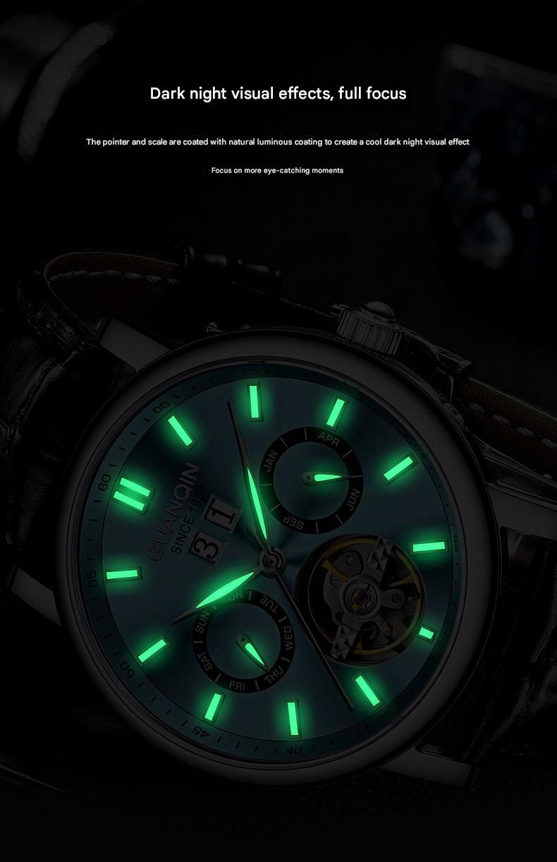 GUANQIN Tourbillon Mechanische Multifunktionale Luxus Herren Armbanduhr Leuchtend Wasserdicht Lederband Automatik Uhr Saphir_voghion.com