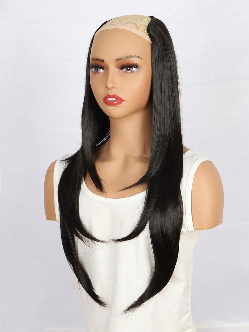 Synthetische lange gerade Extenisons 22 Zoll Clip-in-Haarverlängerung V-Form hitzebeständige Haarteile für Frauen Mädchen_voghion.com