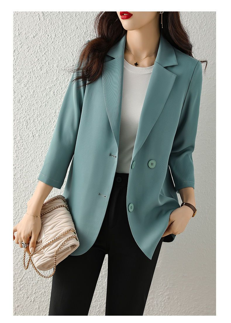 WTEMPO Spring Summer Suit Jacket Women's Fashion Thin Three-Quarter Sleeve Casual Blazer Outerwear Lightweight Split_voghion.com
