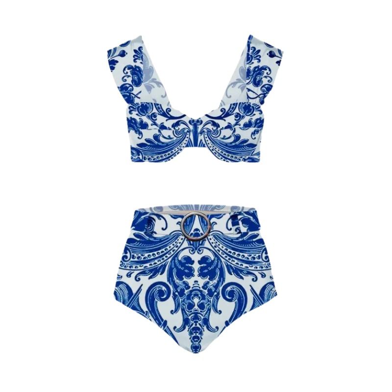 Maillot de bain taille haute pour femme, imprimé rétro, fendu, robe de plage pour vacances aux sources chaudes, maillot de bain deux pièces_voghion.com