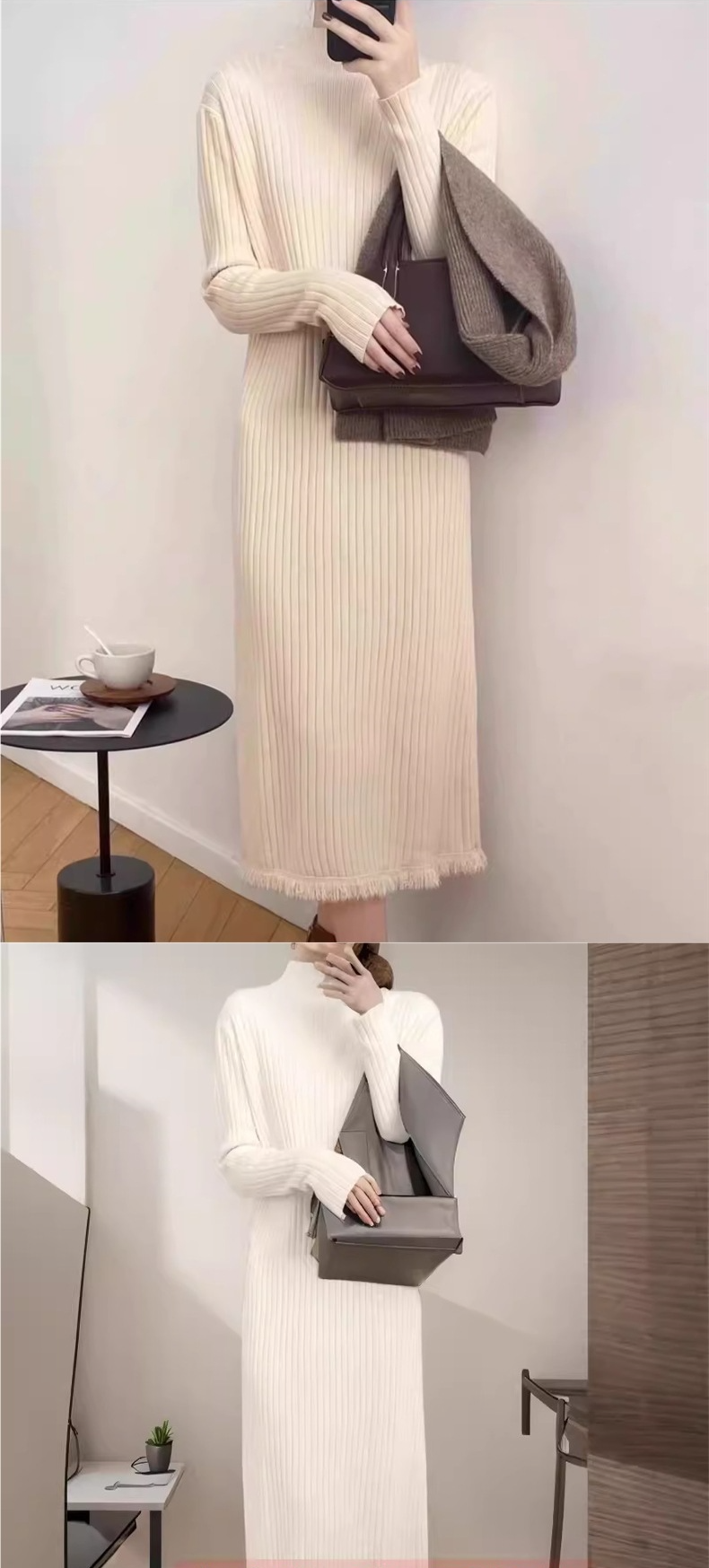 Damenpulloverkleid mit Fransen, langärmlig, über dem Knie, gestrickt, mittellang, lockere Wollunterschicht_voghion.com