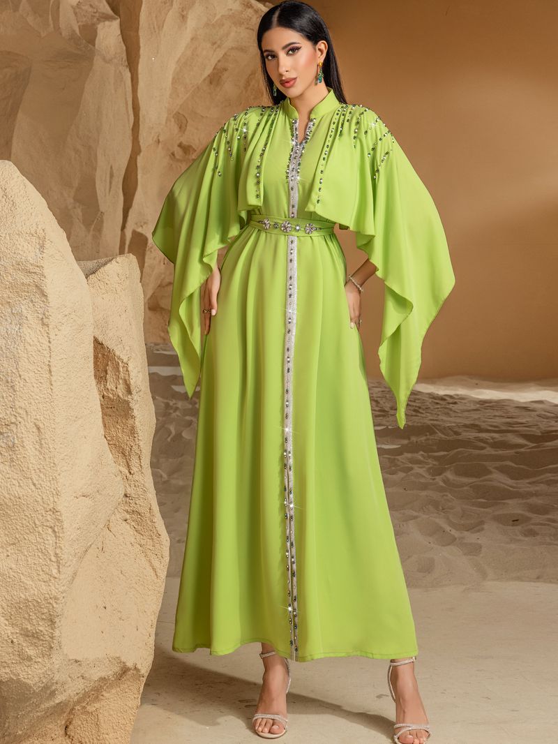 Robe châle à col mi-haut vert fruit pour femme, robe abaya en diamant cousue à la main_voghion.com
