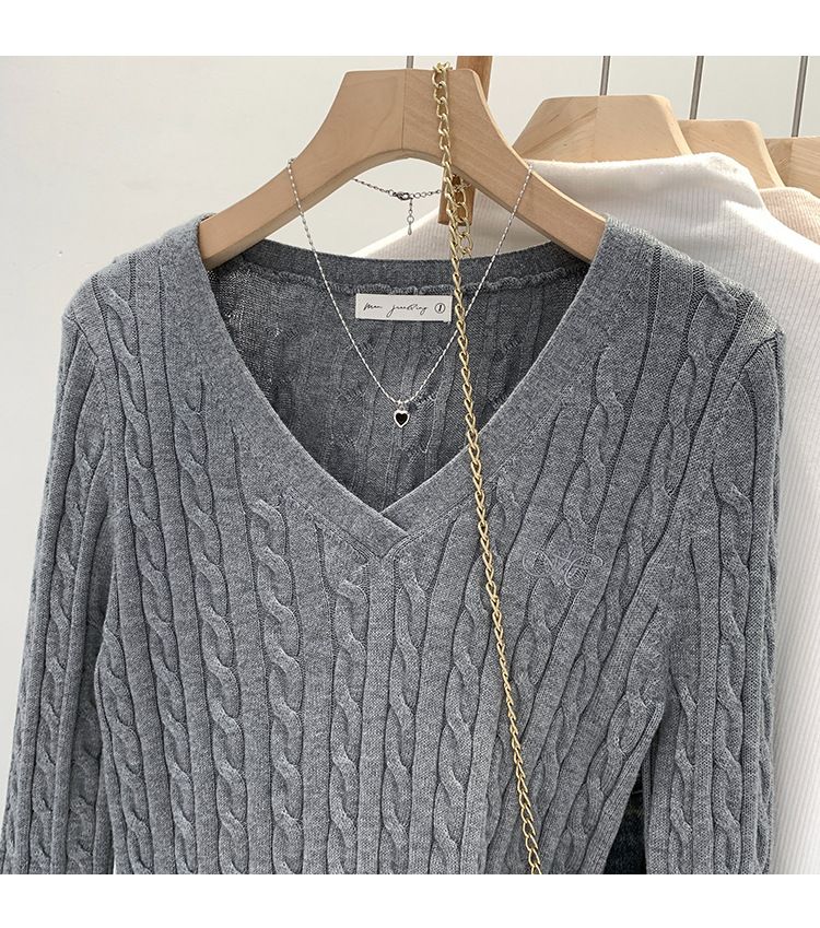 Maglione a trecce con scollo a V – Maglia oversize da donna in misto cotone a maniche lunghe, capo di ispirazione coreana perfetto per creare strati di stile_voghion.com